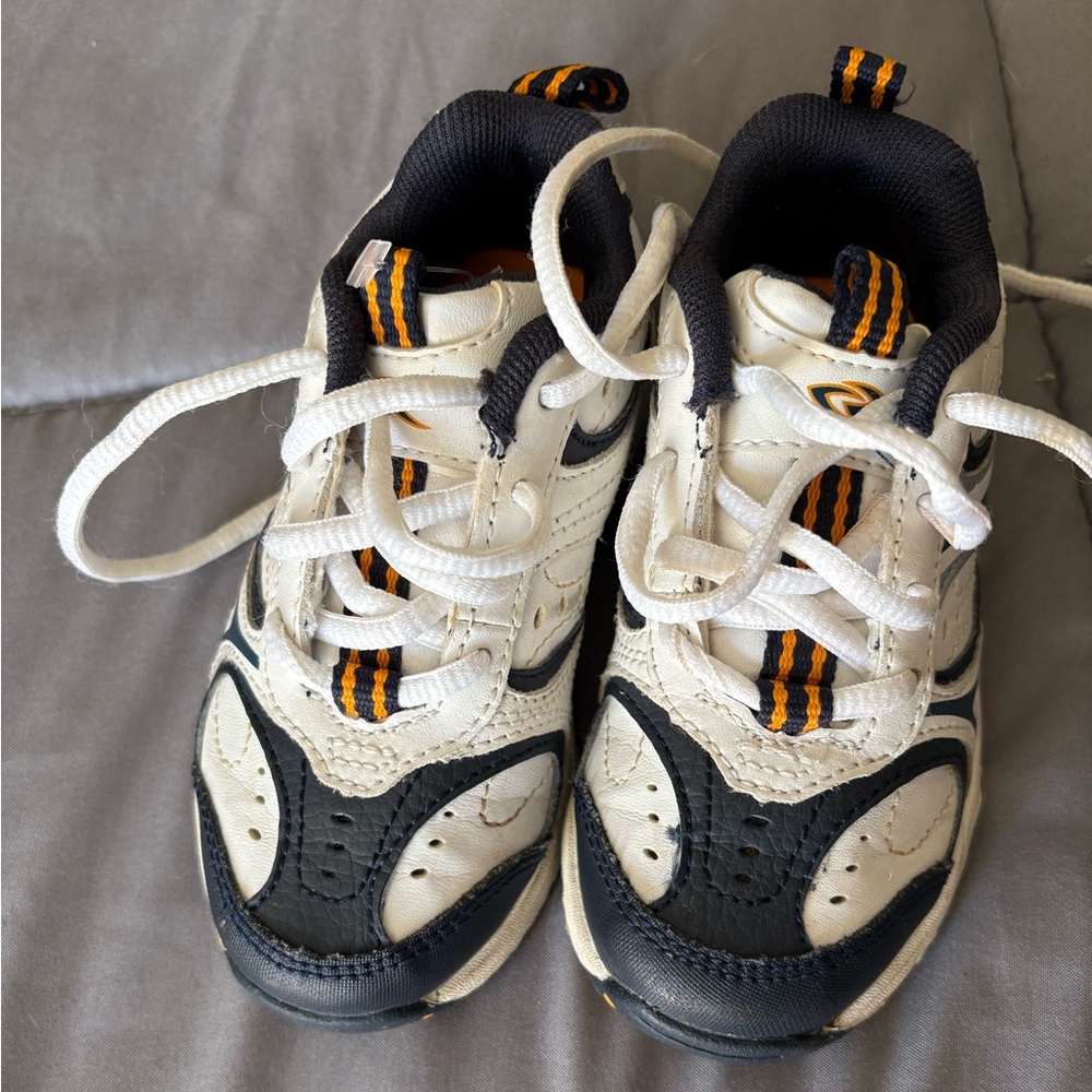 Kids White and Navy Sneakers with Orange Accents